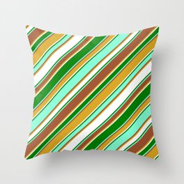 [ Thumbnail: Vibrant Aquamarine, Sienna, Goldenrod, White & Green Colored Lines/Stripes Pattern Throw Pillow ]