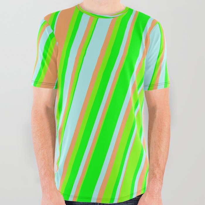 Turquoise, Brown, Green, and Lime Colored Lines Pattern All Over Graphic Tee