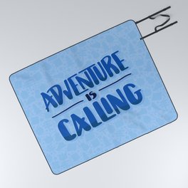 Adventure Is Calling Hand Lettered Camping Quote in Blue Picnic Blanket