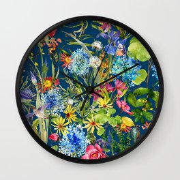 Watercolor flower garden with hummingbird Wall Clock