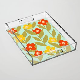Mid century modern floral and leaves seamless pattern in yellow, red on blue  Acrylic Tray