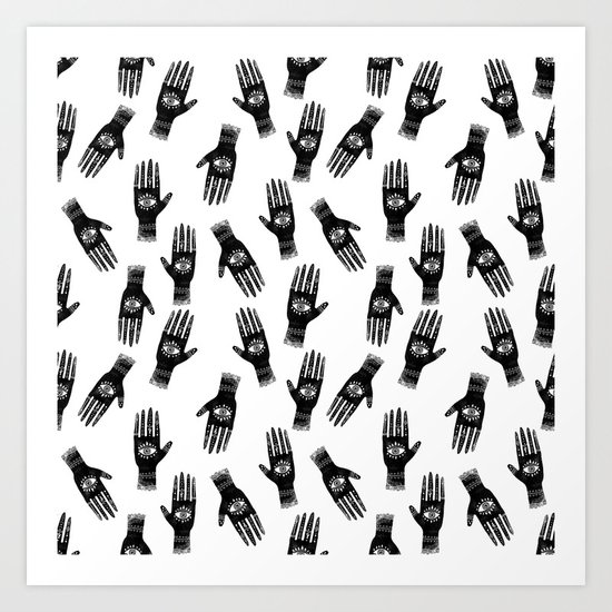 Linocut hand and eye black and white minimal modern pattern Art Print