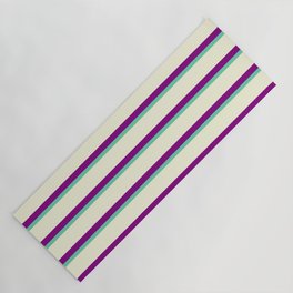 [ Thumbnail: Aquamarine, Beige & Purple Colored Lined Pattern Yoga Mat ]