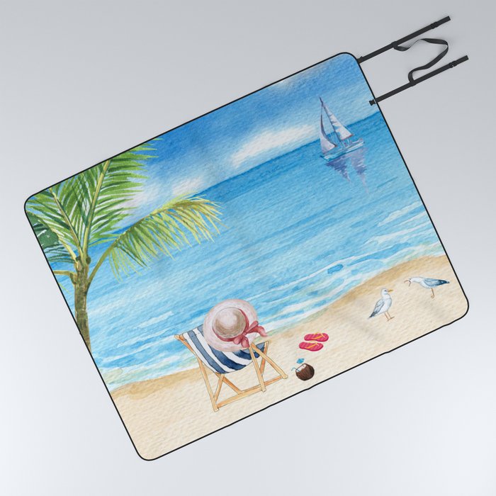 Seagull Drama on an Otherwise Beautiful Day - Watercolor Beach Scene Picnic Blanket