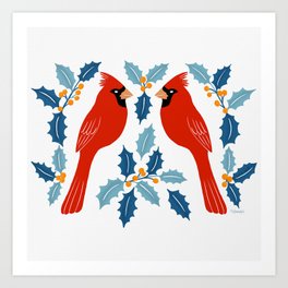 Winter Cardinals and Holly Berries on Ice Blue Art Print