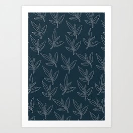 Minimal Line Art Leaf Pattern Blue Art Print