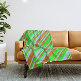 [ Thumbnail: Chocolate, Lime & Light Blue Colored Lined/Striped Pattern Throw Blanket ]