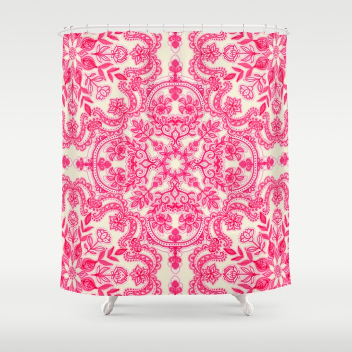Hot Pink & Soft Cream Folk Art Pattern Shower Curtain