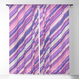 [ Thumbnail: Eye-catching Purple, Dark Orchid, Blue, Hot Pink & Light Grey Colored Lined Pattern Sheer Curtain ]