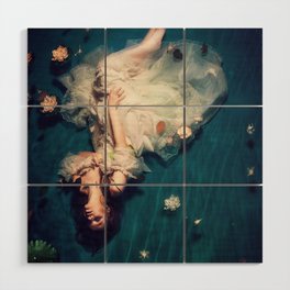 Dreamland and flowers in lily pond; female in white gown floating magical realism fantasy female portrait color photograph / photography Wood Wall Art