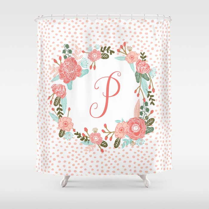 Monogram P - cute girls coral florals flower wreath, coral florals, baby girl, baby blanket Shower Curtain