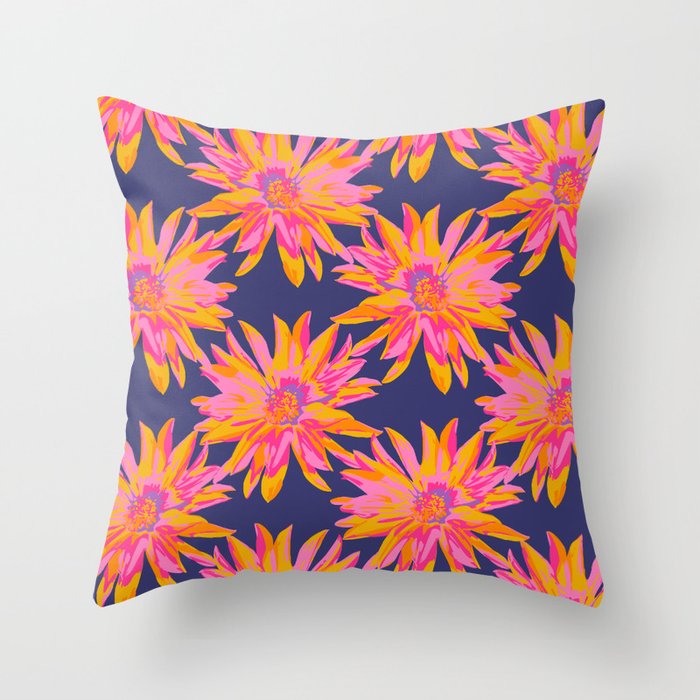 DAHLIA BURSTS Abstract Floral Summer Bright Botanical in Fuchsia Pink Yellow Purple on Dark Blue - UnBlink Studio by Jackie Tahara Throw Pillow
