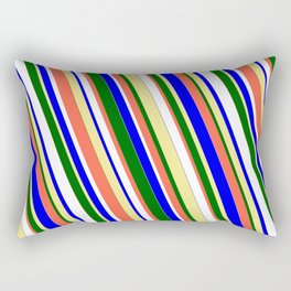 [ Thumbnail: Vibrant Blue, Tan, Dark Green, Red, and White Colored Stripes/Lines Pattern Rectangular Pillow ]
