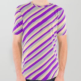 [ Thumbnail: Dark Violet, Grey, and Beige Colored Striped Pattern All Over Graphic Tee ]