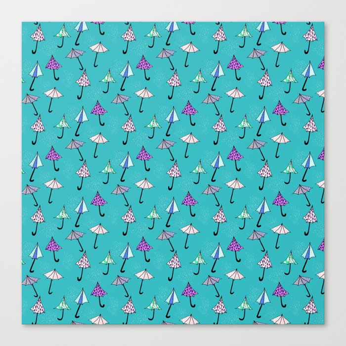 Umbrellas and Rain on Blue Canvas Print