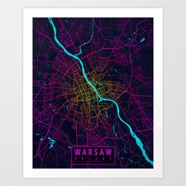 Warsaw City Map of Poland - Neon Art Print