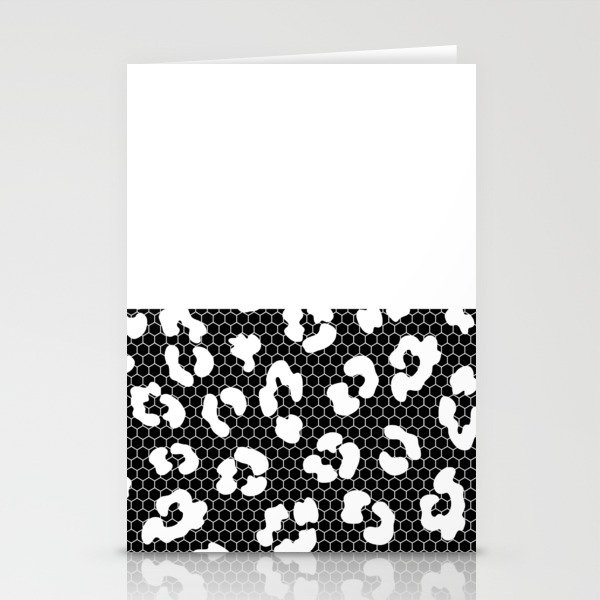 White Leopard Print Lace Horizontal Split on Black Stationery Cards
