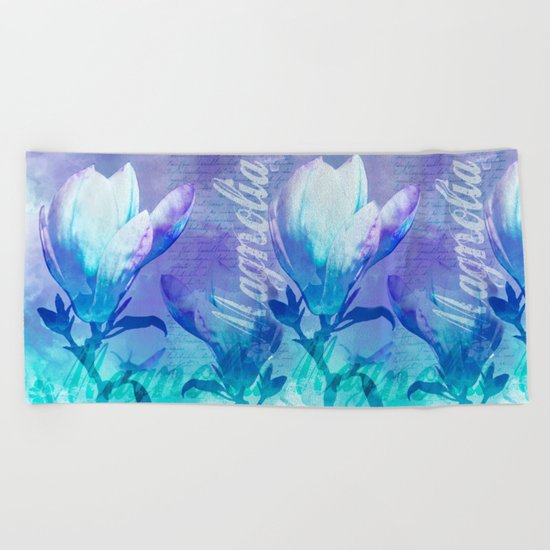 Blue Purple Magnolia mixed media typography illustration Beach Towel