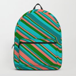 [ Thumbnail: Salmon, Green, Dark Turquoise, and Dark Cyan Colored Lines Pattern Backpack ]