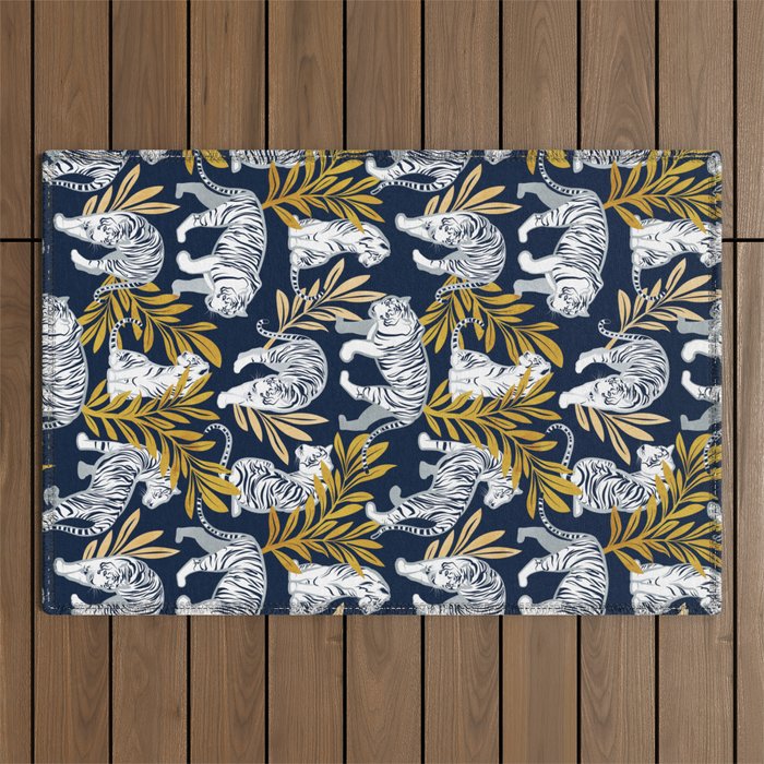 Nouveau white tigers // navy blue background yellow leaves silver lines white animals Outdoor Rug