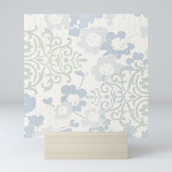 Floral Glam Damask Distressed Ivory / Blue Mini Art Print
