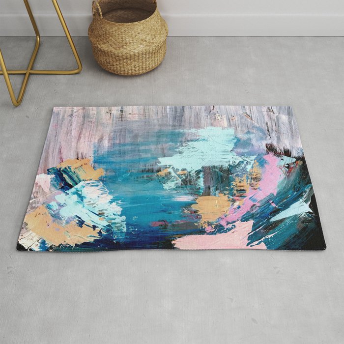 Waves: an abstract mixed media piece in black, white, blues, pinks, and brown Rug