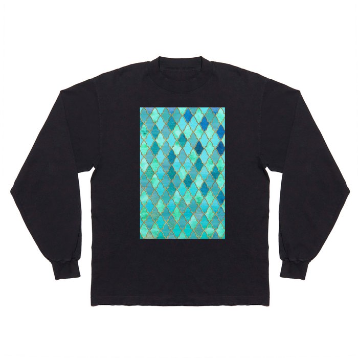 Aqua Teal Mint and Gold Oriental Moroccan Tile pattern Long Sleeve T Shirt