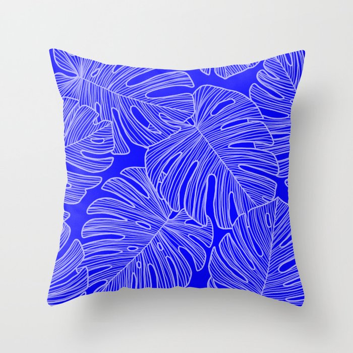 Cobalt Monstera Leaves Throw Pillow