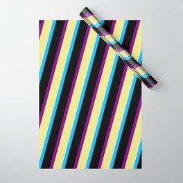 [ Thumbnail: Tan, Deep Sky Blue, Black, and Purple Colored Striped Pattern Wrapping Paper ]