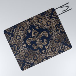 Luxury Fleur-de-lis Ornament - gold and dark blue Picnic Blanket