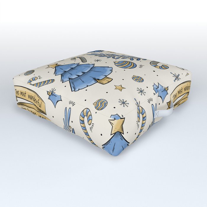 Gold, Blue & Cream Christmas  Outdoor Floor Cushion