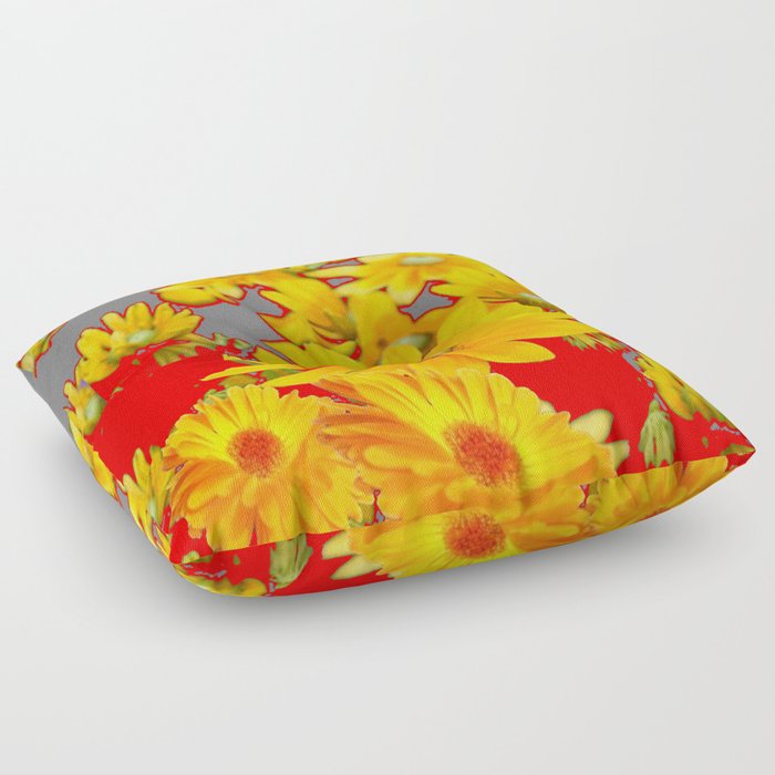 MODERN YELLOW FLOWERS GREY-RED ART Floor Pillow