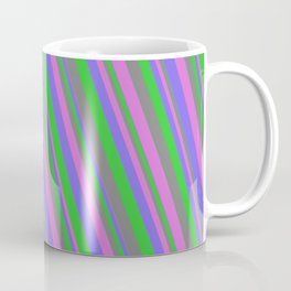 [ Thumbnail: Medium Slate Blue, Lime Green, Gray, and Orchid Colored Lined Pattern Coffee Mug ]