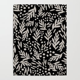 Branches and Dots Motif / Neutral Gray on Black Pattern / Hand Painted Design /  Poster