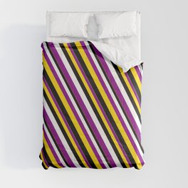 [ Thumbnail: White, Purple, Yellow, and Black Colored Striped Pattern Comforter ]