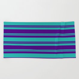 [ Thumbnail: Light Sea Green & Indigo Colored Stripes Pattern Beach Towel ]