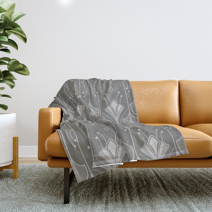 Lily Lake - Retro Floral Pattern Soft Grey Throw Blanket