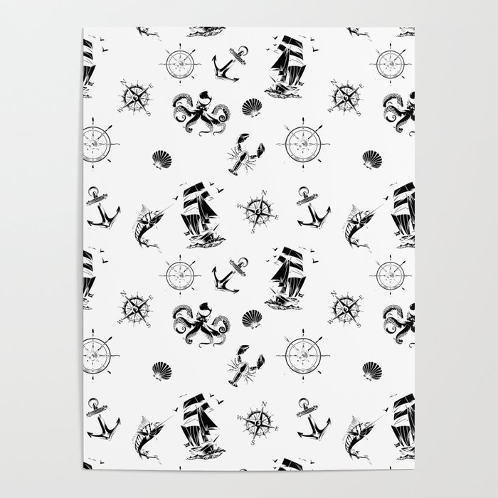Black Silhouettes Of Vintage Nautical Pattern Poster