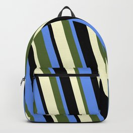 [ Thumbnail: Cornflower Blue, Dark Olive Green, Light Yellow, and Black Colored Lines/Stripes Pattern Backpack ]