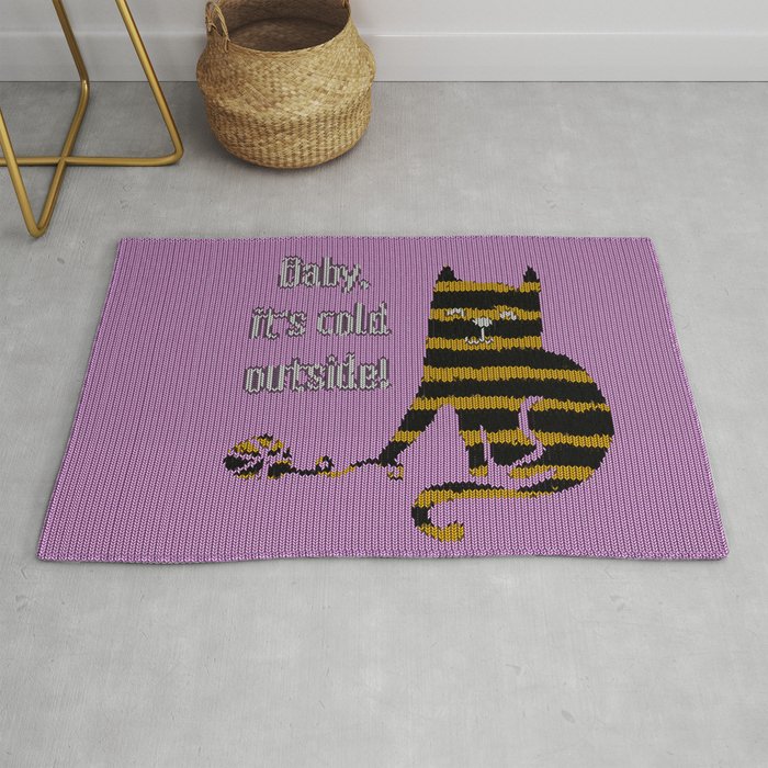 Baby its cold out there funny knitted striped Winter Cat Rug