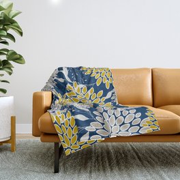 Floral Leaves and Blooms, Navy Blue, Yellow, Beige Throw Blanket