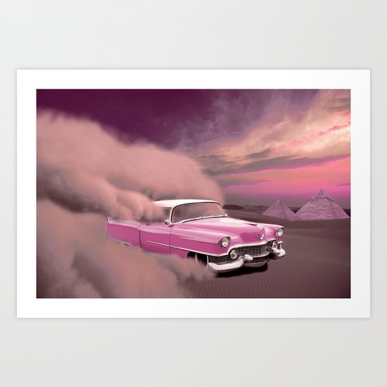 A pink cadillac and the Giza Pyramids Art Print