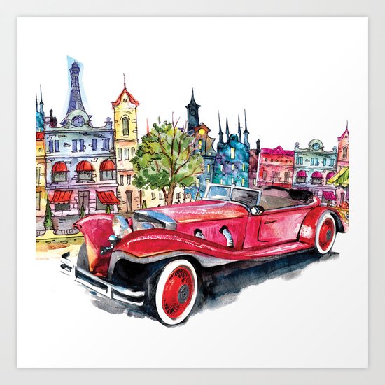 Red antique car Art Print