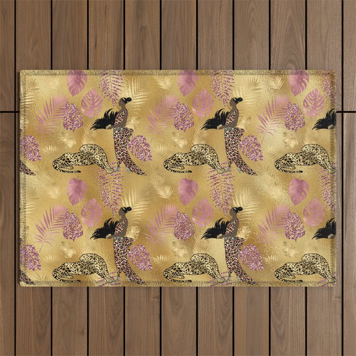 Beautiful Pink and Gold Leopard Design Pattern Outdoor Rug