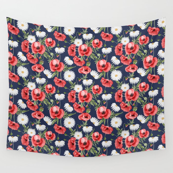 Daisy and Poppy Seamless Pattern on Navy Blue Background Wall Tapestry