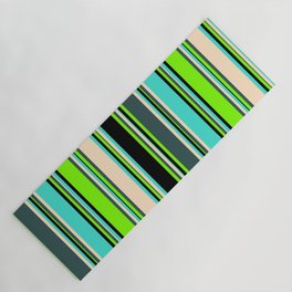 [ Thumbnail: Eyecatching Green, Dark Slate Gray, Bisque, Turquoise, and Black Colored Lined Pattern Yoga Mat ]
