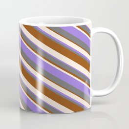 [ Thumbnail: Beige, Purple, Dim Grey, and Brown Colored Striped/Lined Pattern Coffee Mug ]
