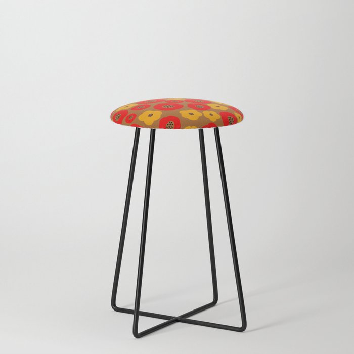 Retro Flowers - Red & Brown Counter Stool