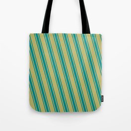 [ Thumbnail: Dark Khaki and Dark Cyan Colored Pattern of Stripes Tote Bag ]