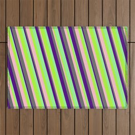 [ Thumbnail: Light Green, Pink, Dim Grey, Indigo & Green Colored Pattern of Stripes Outdoor Rug ]